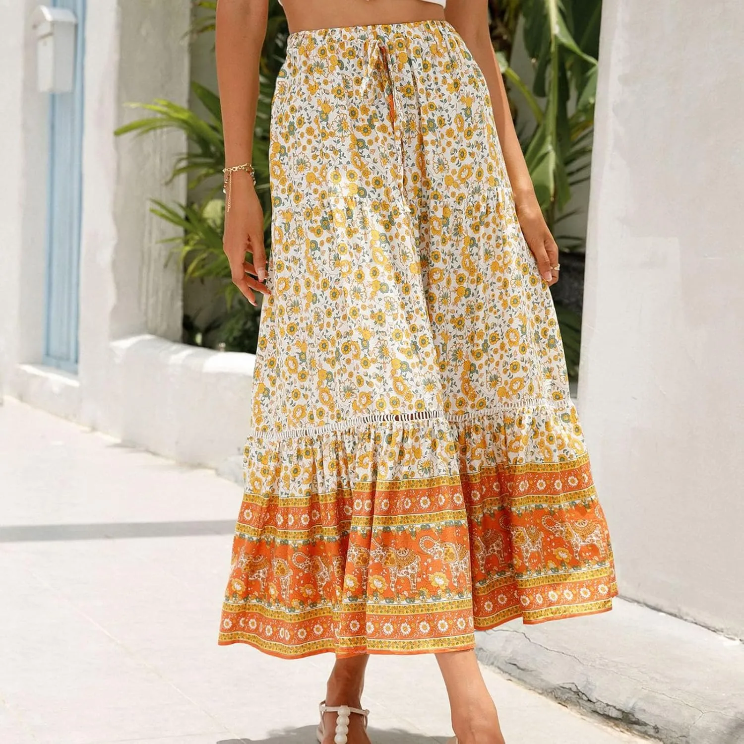 Women Boho Skirts Flowy Maxi Skirt A Line Midi Skirts Vintage Floral Skirts Casual Summer Skirt Comfy Beach Skirt