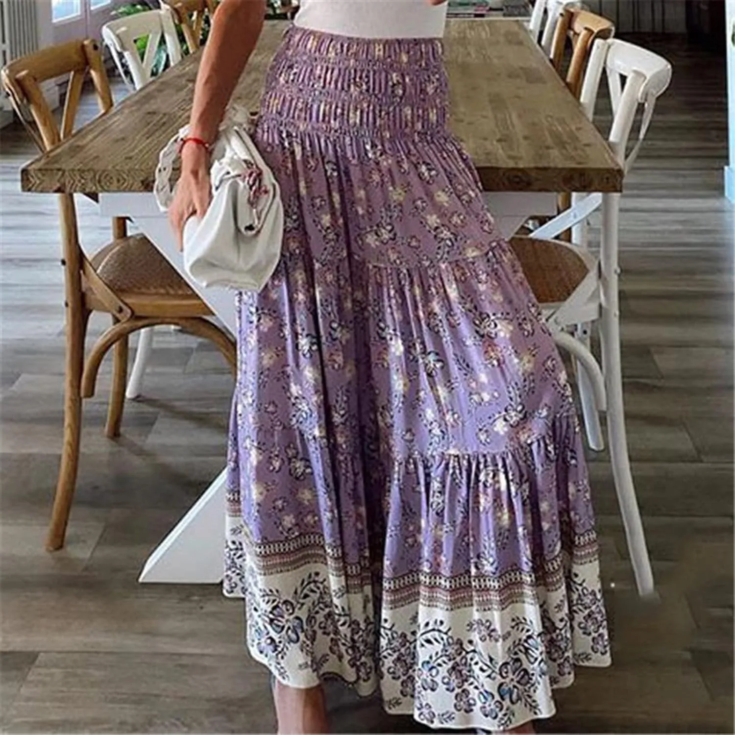 Women Boho Skirts Flowy Maxi Skirt A Line Midi Skirts Vintage Floral Skirts Casual Summer Skirt Comfy Beach Skirt