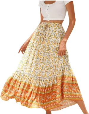Women Boho Skirts Flowy Maxi Skirt A Line Midi Skirts Vintage Floral Skirts Casual Summer Skirt Comfy Beach Skirt