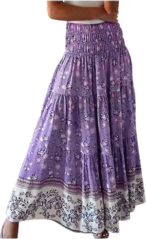 Women Boho Skirts Flowy Maxi Skirt A Line Midi Skirts Vintage Floral Skirts Casual Summer Skirt Comfy Beach Skirt