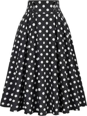 Women Vintage Polka Dot Skirt Button High Waist Pleated Skirt Casual Summer Retro A-Line Swing Cocktail Party Midi Skirt