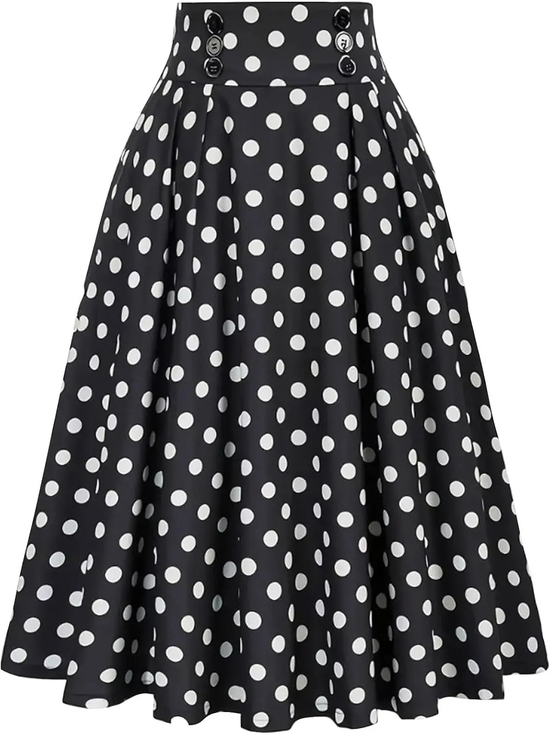 Women Vintage Polka Dot Skirt Button High Waist Pleated Skirt Casual Summer Retro A-Line Swing Cocktail Party Midi Skirt