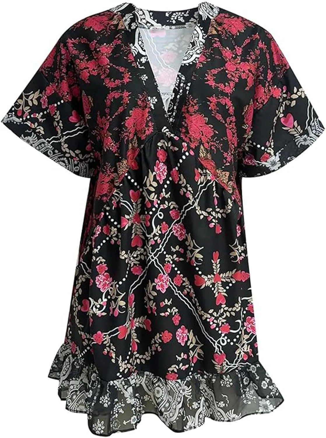 Womens Boho Summer Dresses Short Sleeve Ruffle Hem Dress V Neck Floral Mini Dress Beach Sundress Vacation Outfits