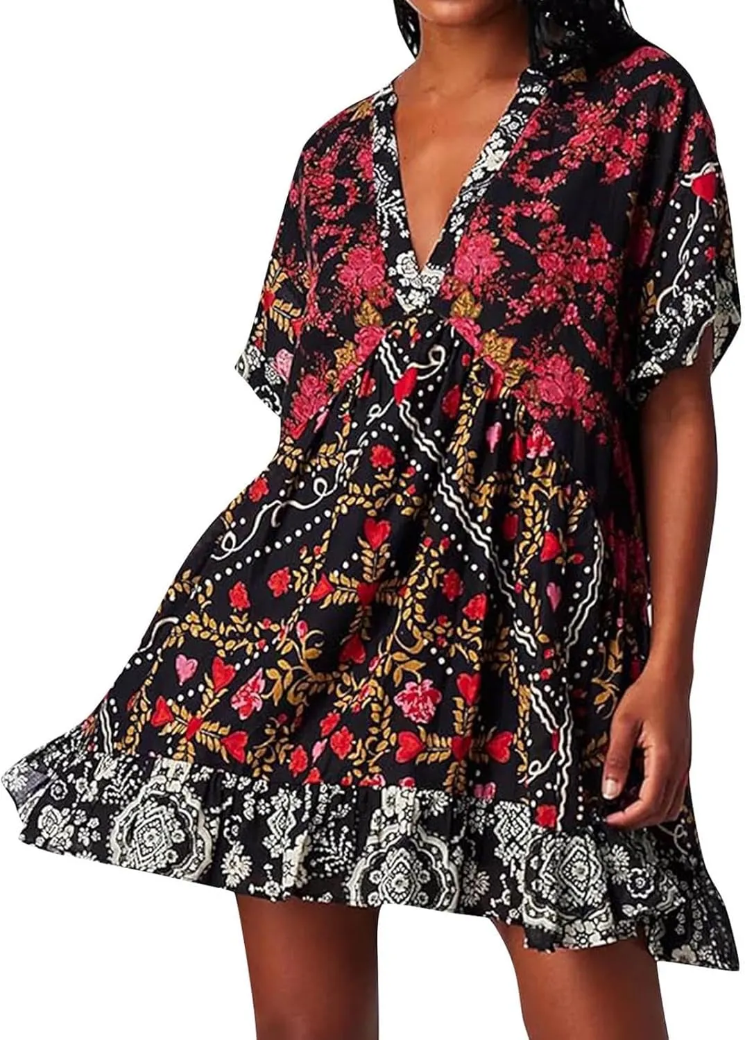 Womens Boho Summer Dresses Short Sleeve Ruffle Hem Dress V Neck Floral Mini Dress Beach Sundress Vacation Outfits