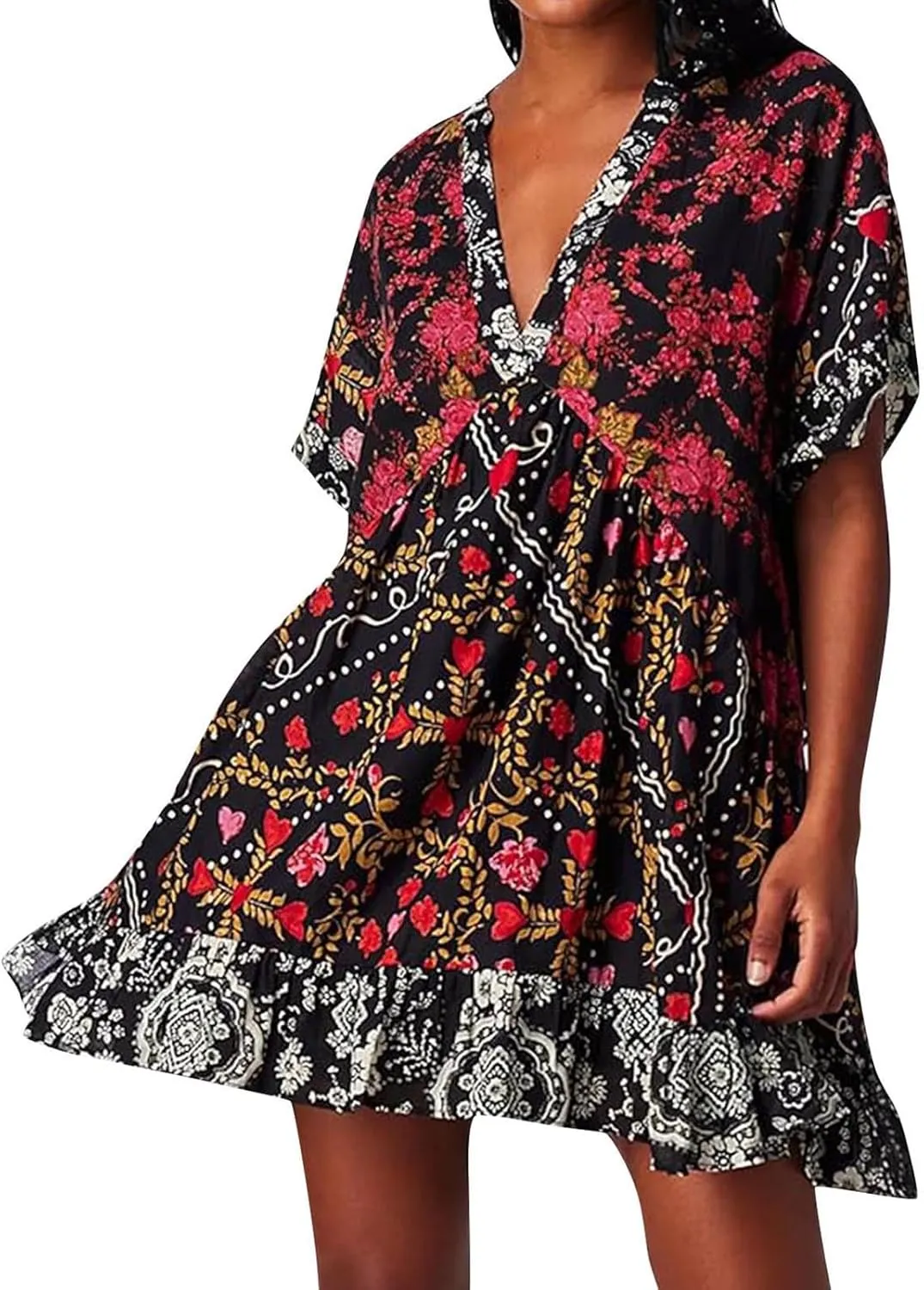 Womens Boho Summer Dresses Short Sleeve Ruffle Hem Dress V Neck Floral Mini Dress Beach Sundress Vacation Outfits